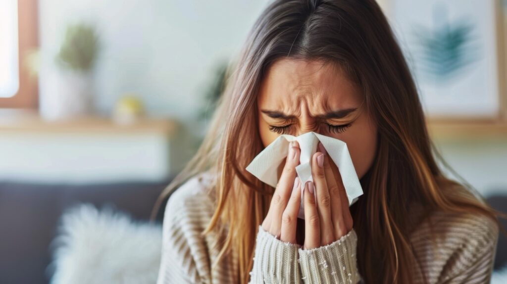 Woman sneezing with nasal congestion from allergies