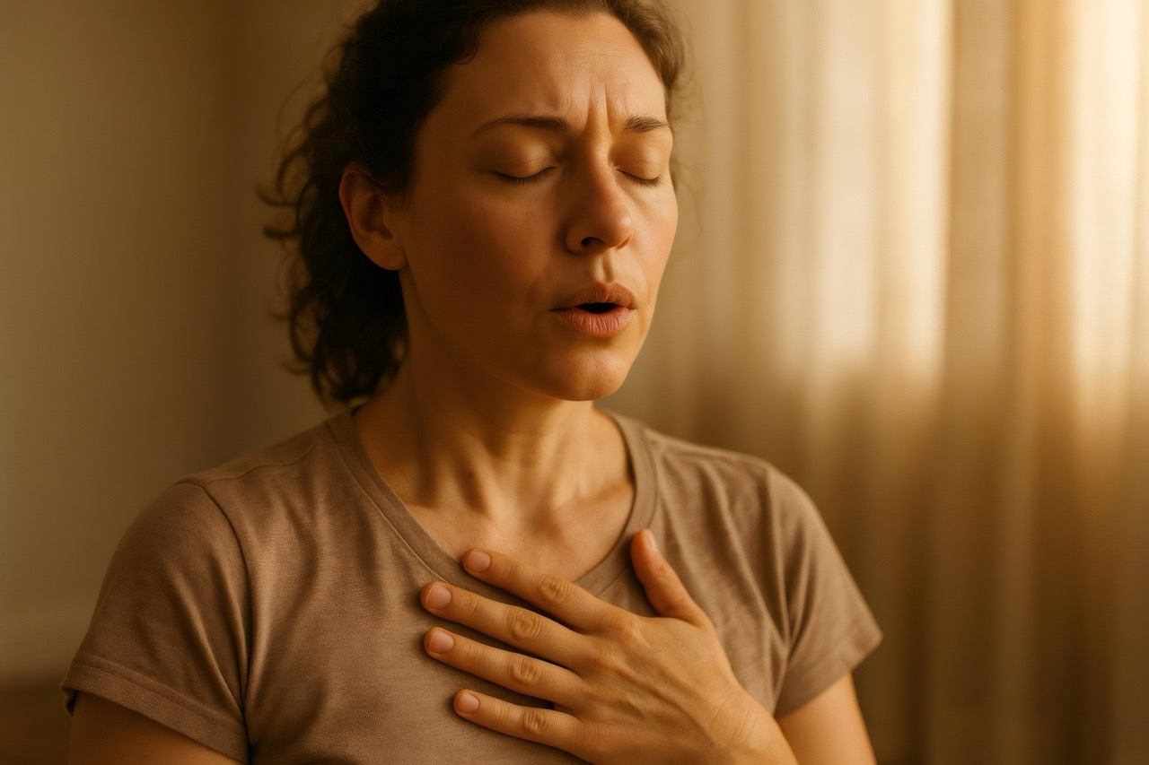 Woman experiencing smoke-related breathing discomfort